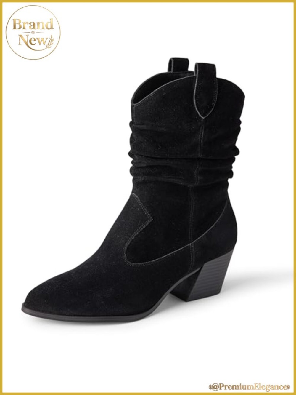 Women's Mid Calf Western Fashion Boots Side Zip Faux Suede Slouchy Cuban Heel